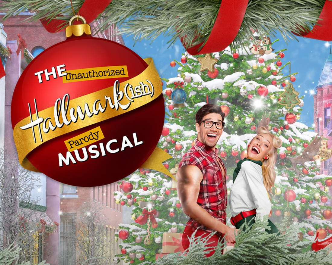 Hallmark Christmas musical poster with smiling hosts by a decorated tree and red ornament logo
