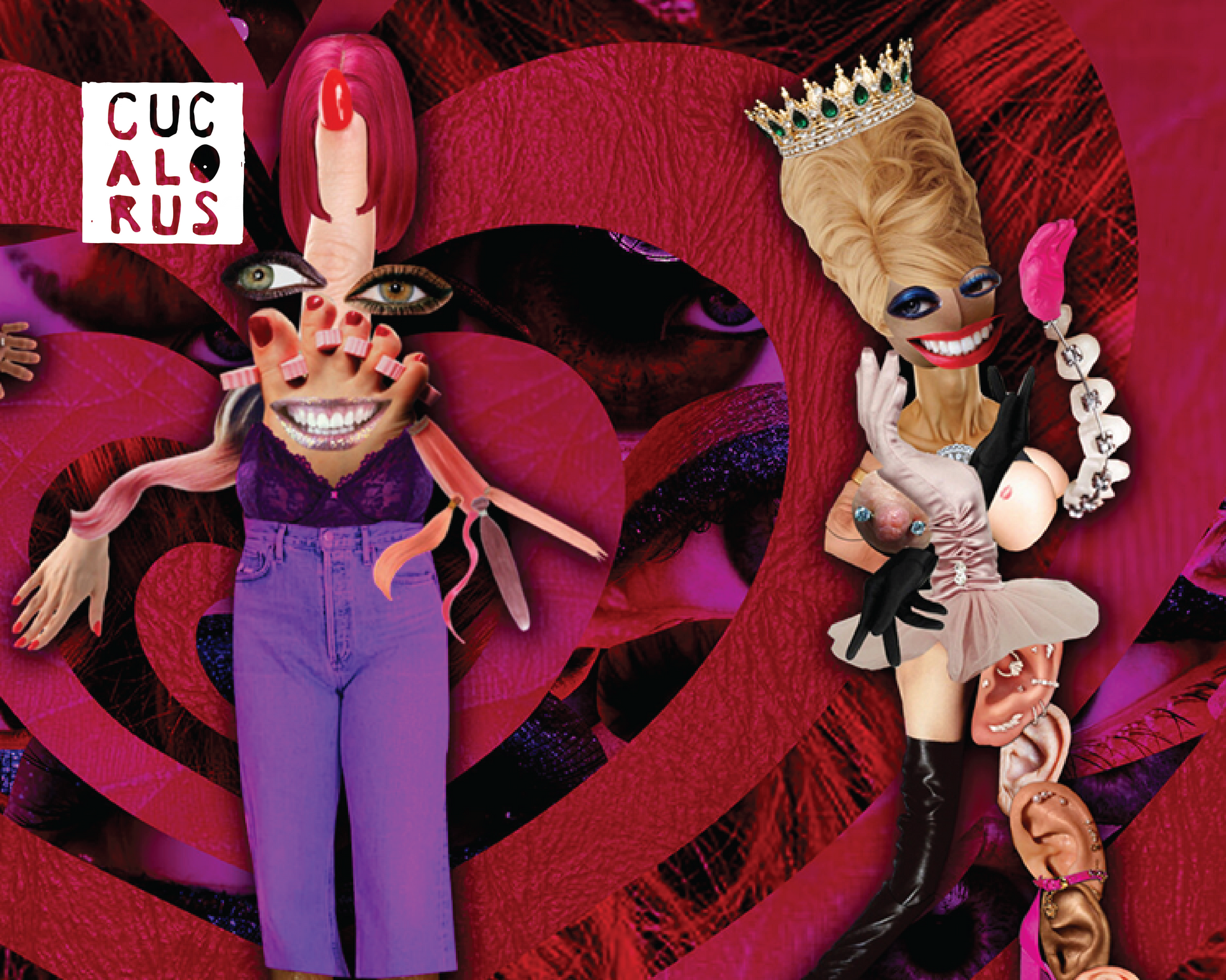 Abstract red collage with two stylized doll-like figures in purple and black, one holding a white flower garland