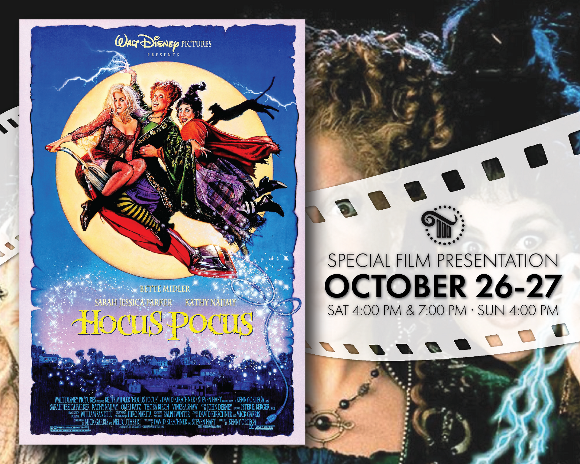 Hocus Pocus movie poster beside film strip reading “Special Film Presentation October 26–27”
