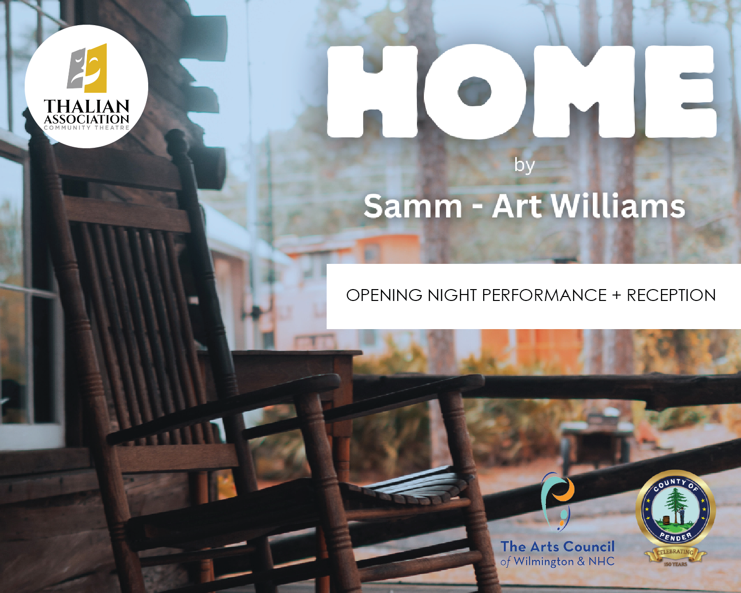 Home poster with a wooden rocking chair on a porch and bold white title text.