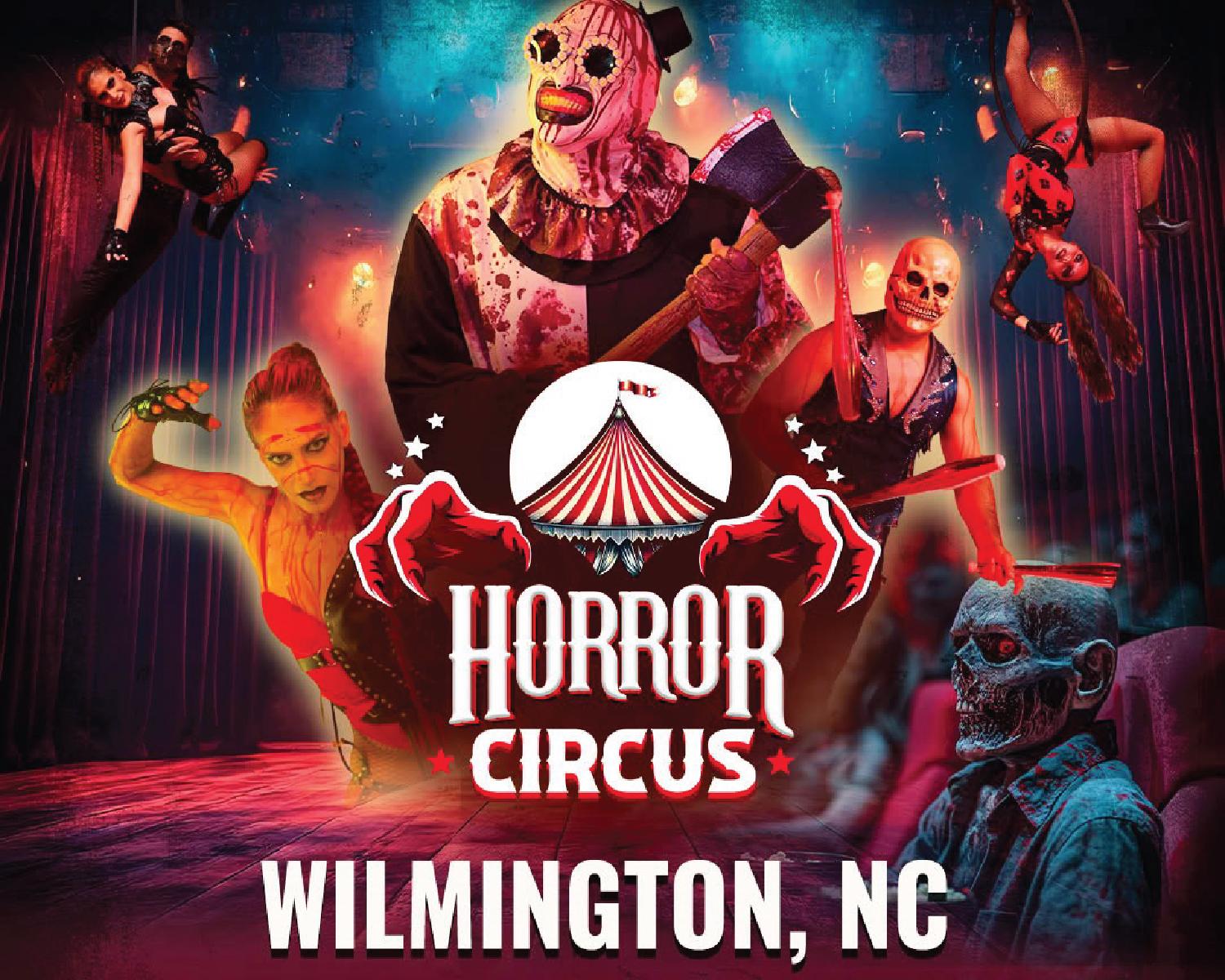 Horror Circus poster with creepy clowns and circus performers, reading “Wilmington, NC”