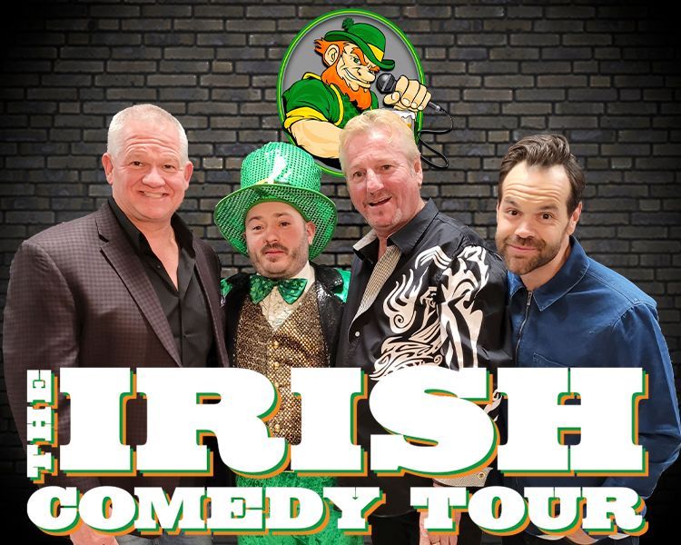 Irish Comedy Tour poster with four comedians posing against a brick wall, green shamrock accents, bold title text
