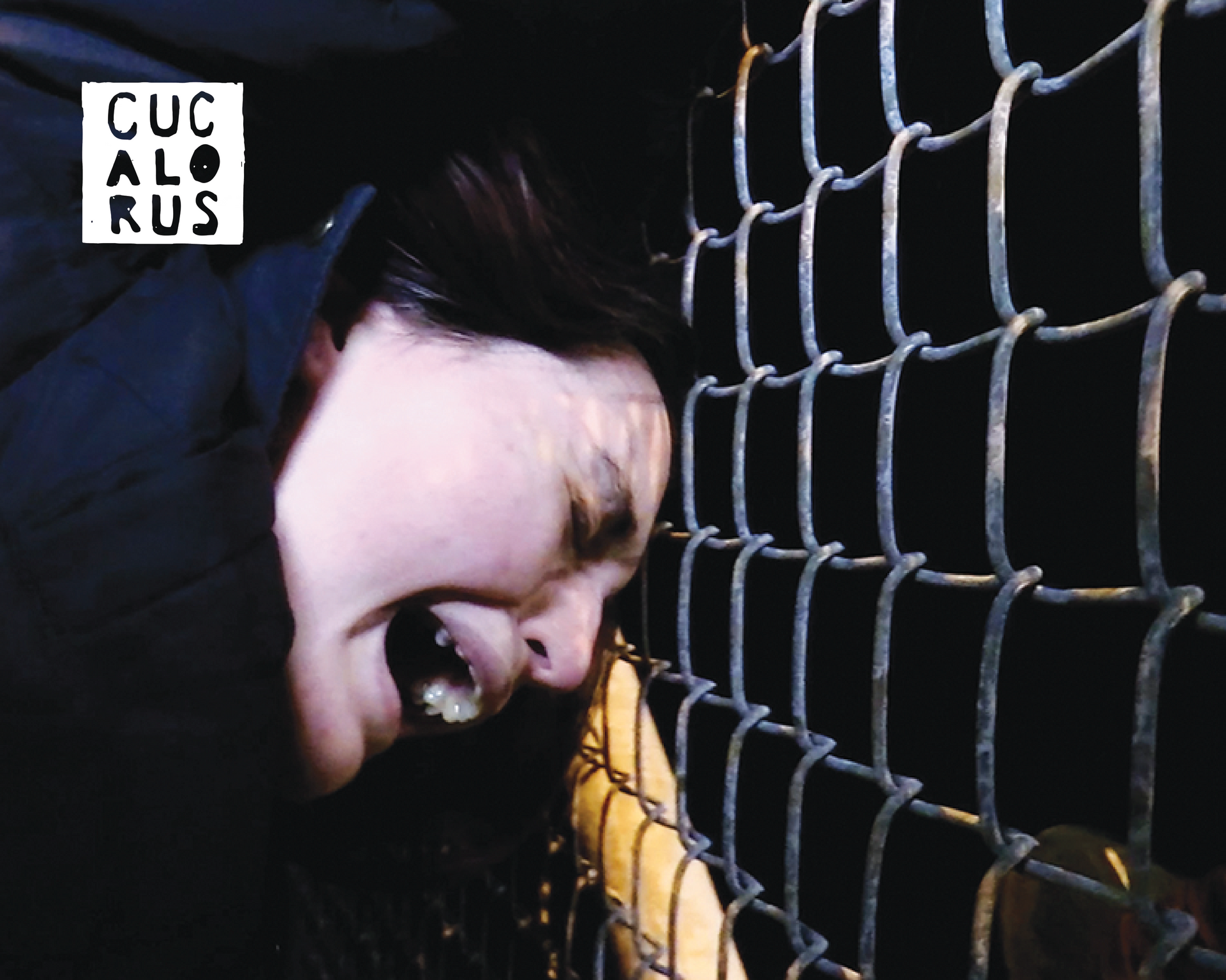 Person lying beside a chain-link fence in dim light, with a white face and dark background