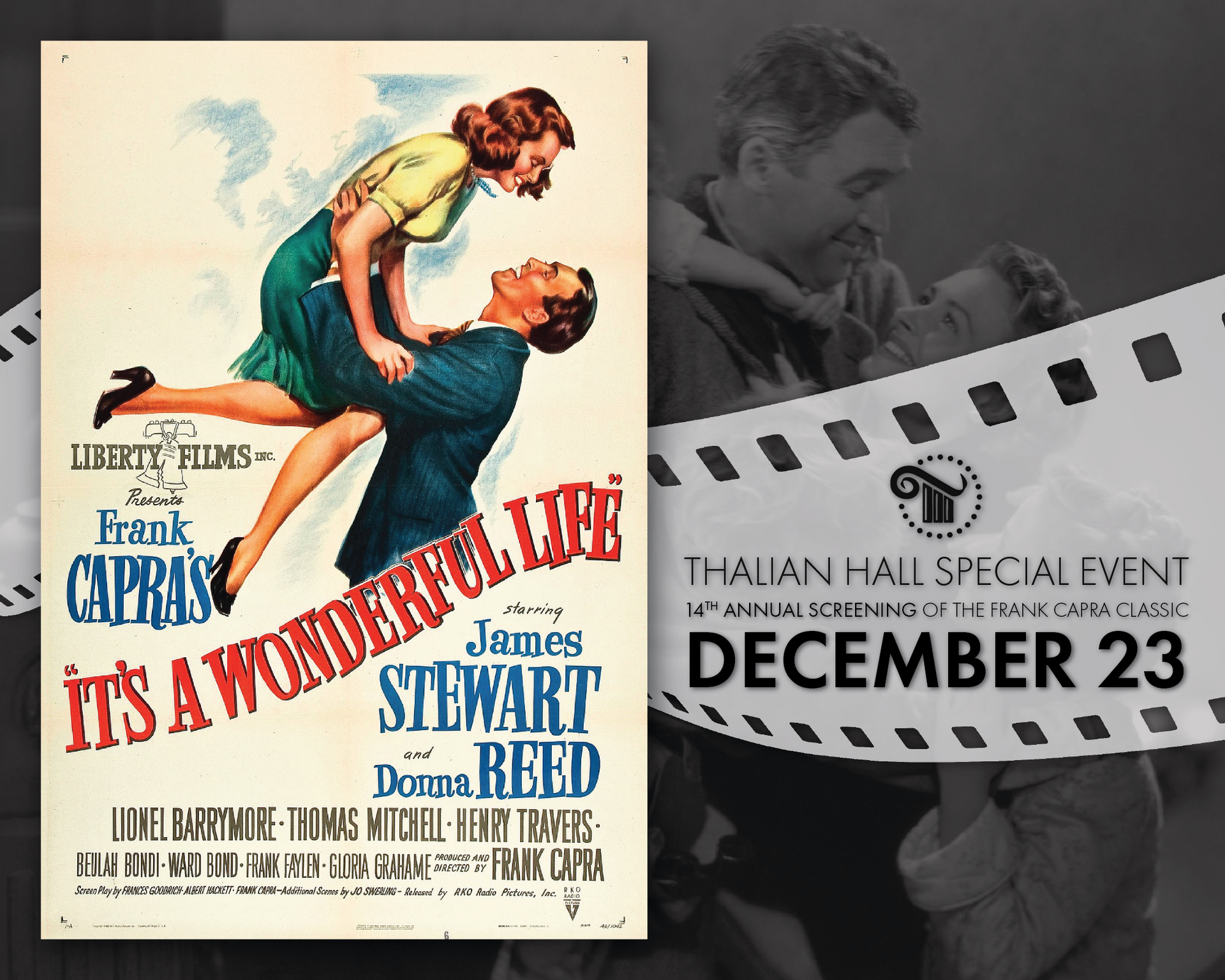 Film poster of It’s a Wonderful Life with black-and-white stills and a December 23 screening date