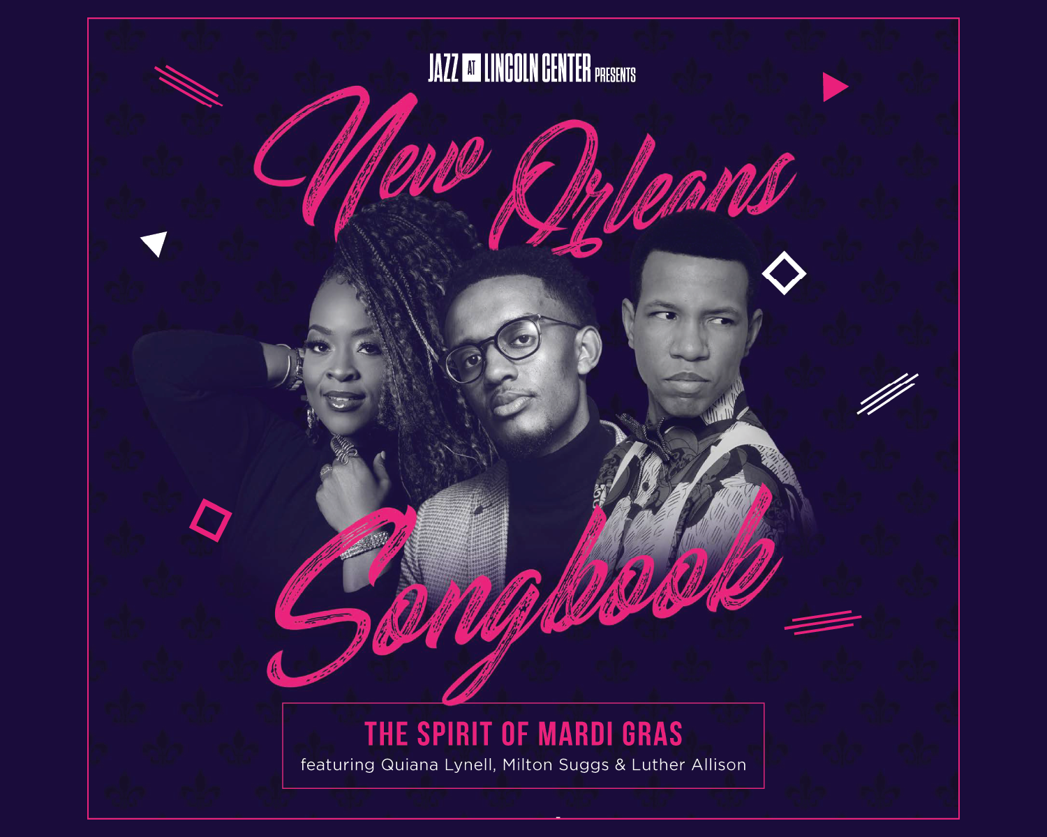 Purple and pink New Orleans Songbook poster with three performers and Mardi Gras theme