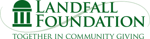 Landfall Foundation logo with green text and a column icon; tagline: “Together in Community Giving.”