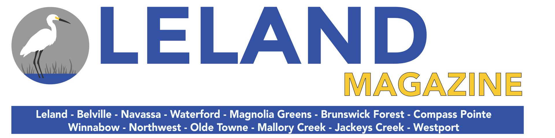 LELAND MAGAZINE logo with a blue bird icon and navigation links on a blue bar