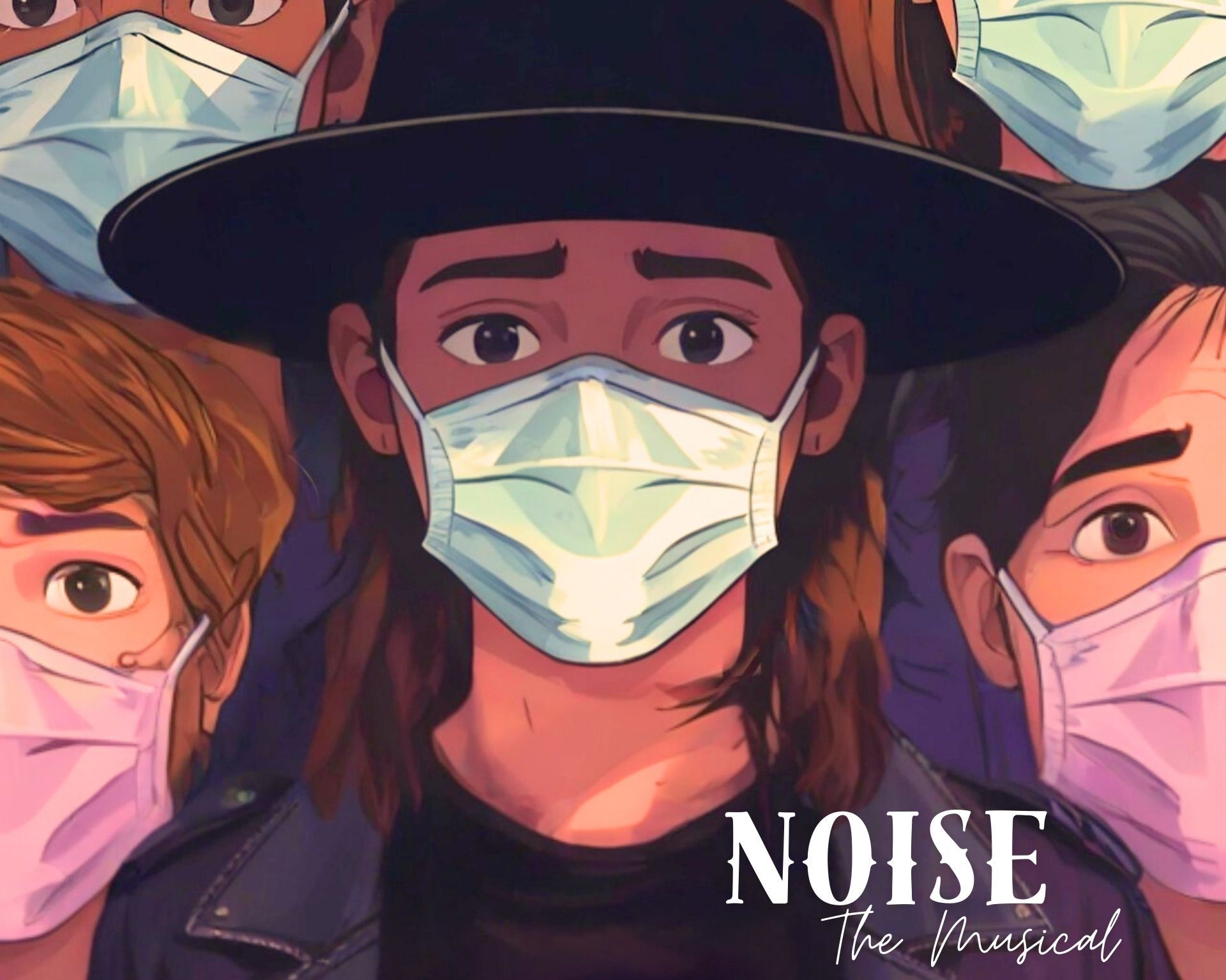 Masked faces with serious expressions, centered figure in black hat, and the word “NOISE” at bottom right