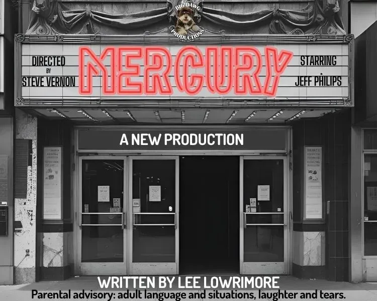 Black-and-white theater marquee reading “Mercury” with “A New Production” above the entrance.
