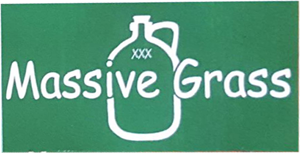 Green sign with white “Massive Grass” text and a jug outline logo in the center