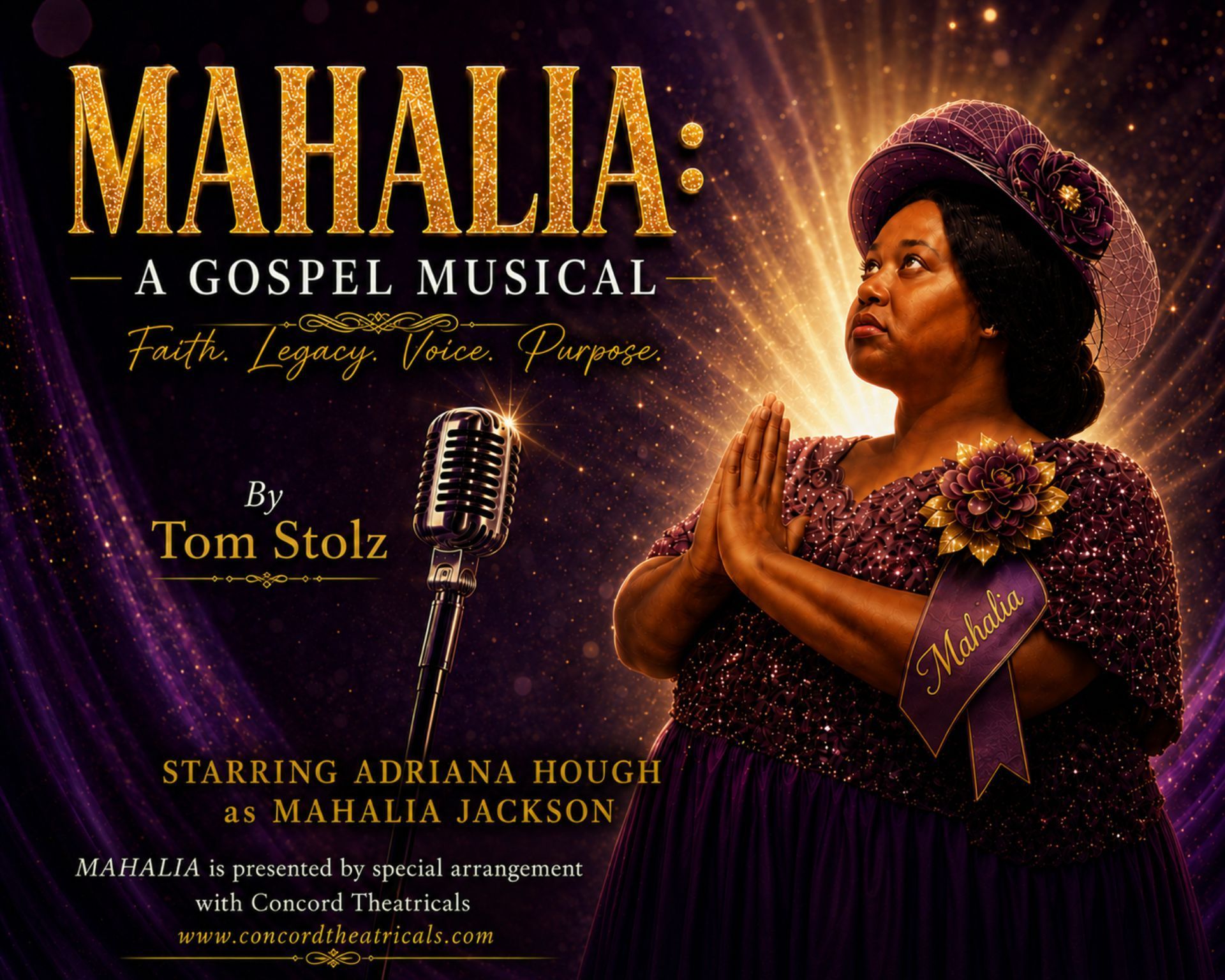 Poster for “Mahalia: A Gospel Musical” with singer at a microphone on a purple stage backdrop