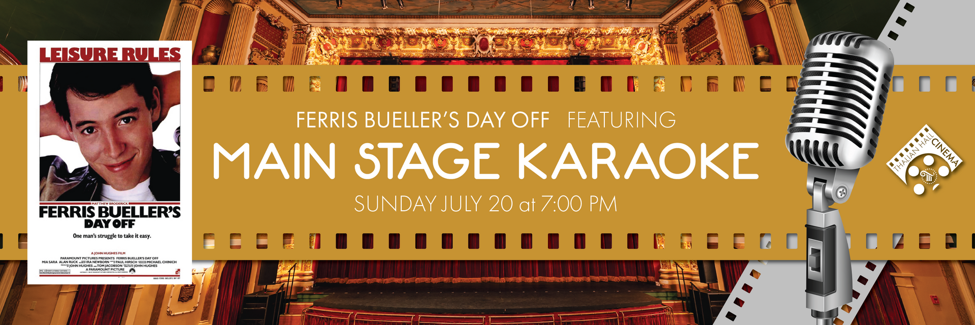 Main Stage Karaoke sign with microphone on gold filmstrip background and a small poster on the left