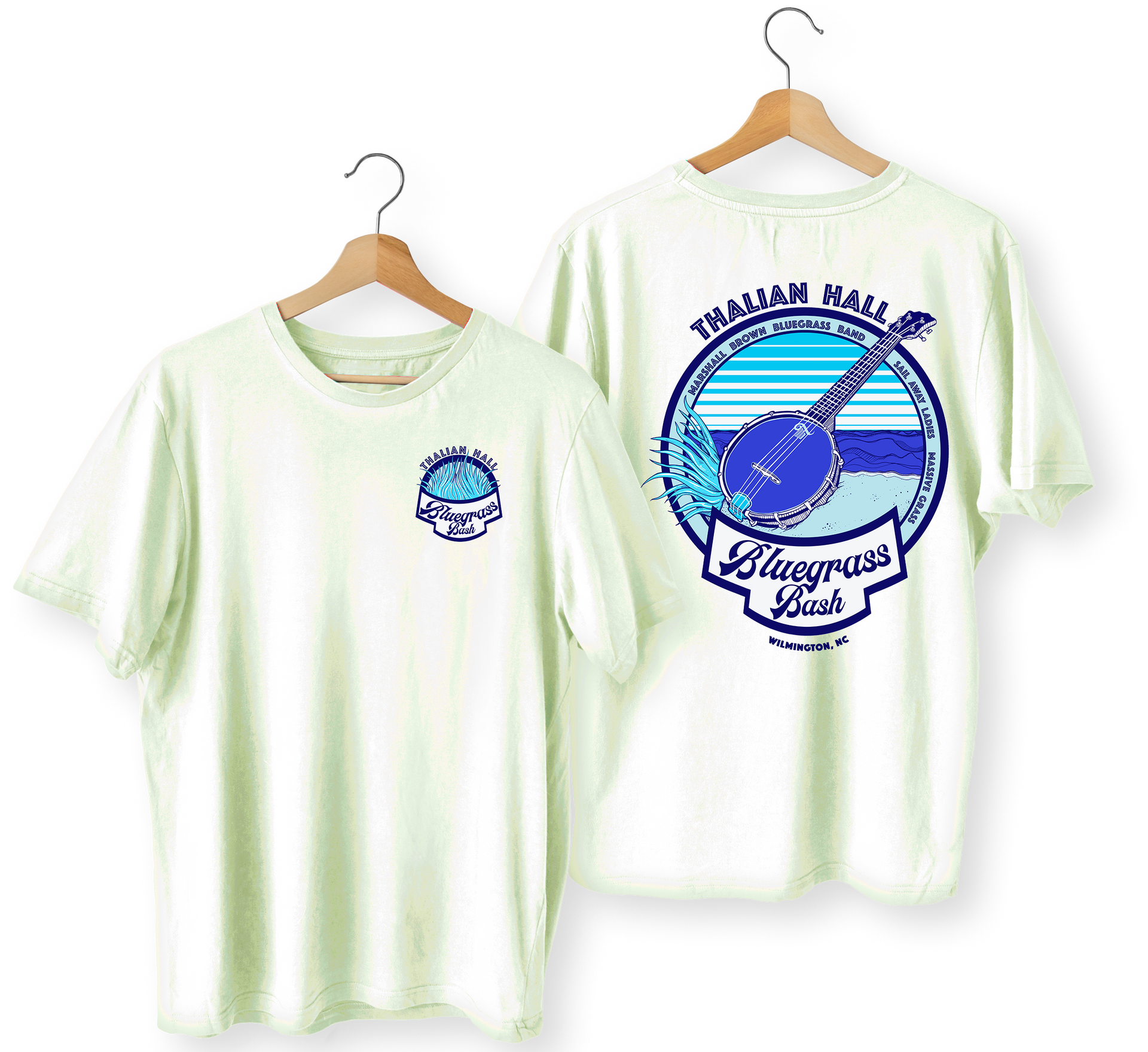 Two white T-shirts on hangers, front and back, with blue beach-themed graphics.