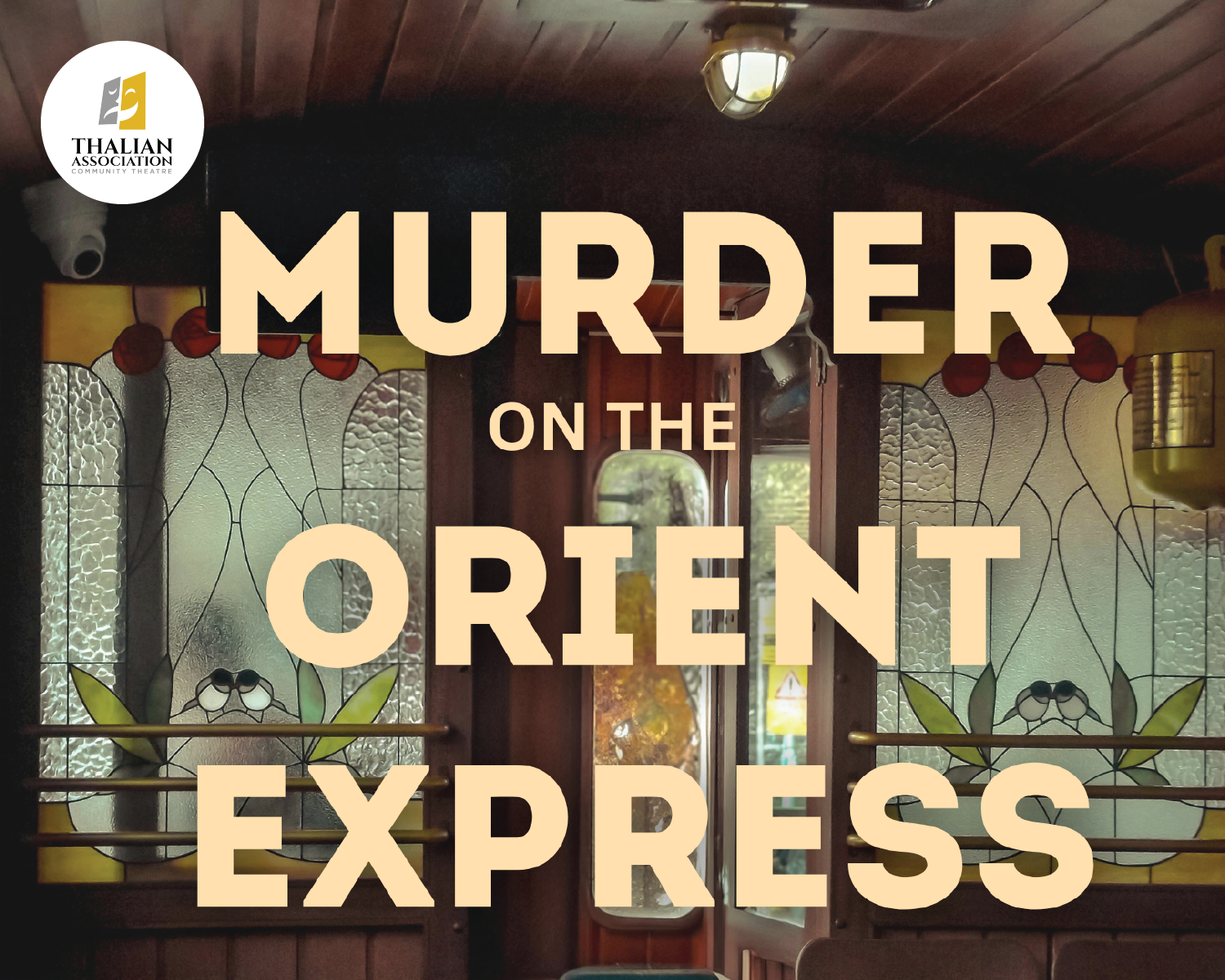 Book cover reading “MURDER ON THE ORIENT EXPRESS” on a vintage train interior background.