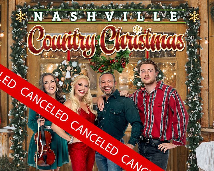 Nashville Country Christmas cast photo with four smiling people before a festive holiday backdrop, marked CANCELED
