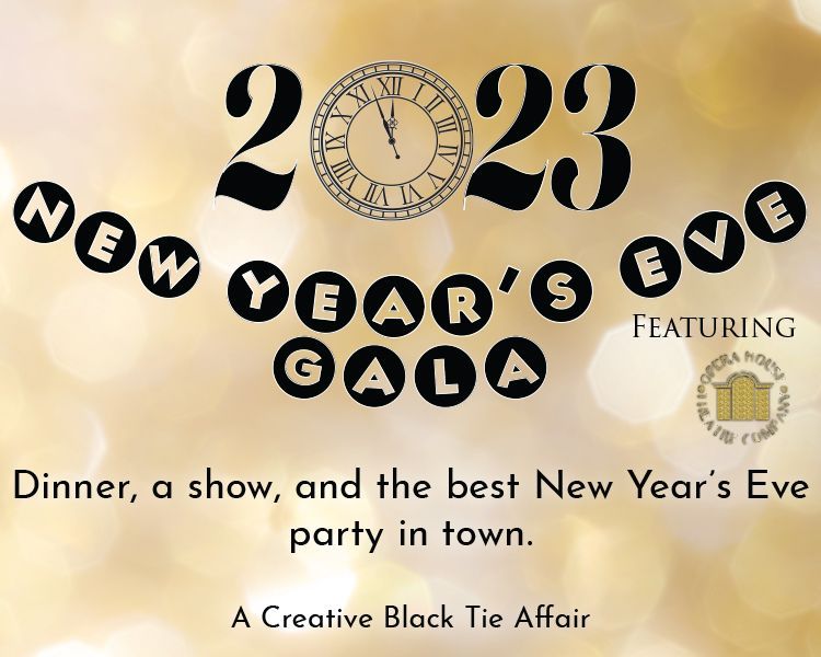 Black-and-gold New Year’s Eve gala flyer with clock, “2023,” and dinner/show party details.