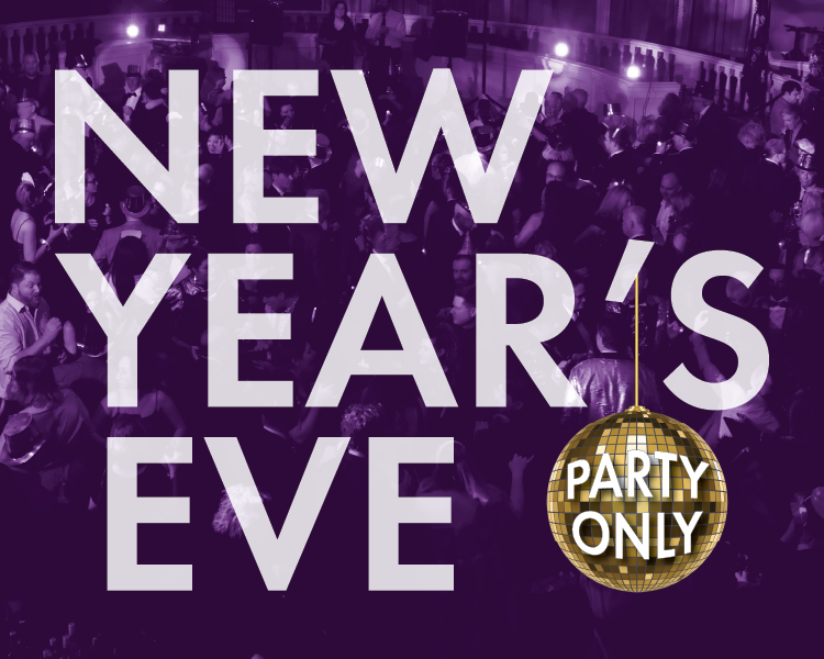 New Year’s Eve party graphic on a purple background with confetti and a gold “Party Only” badge