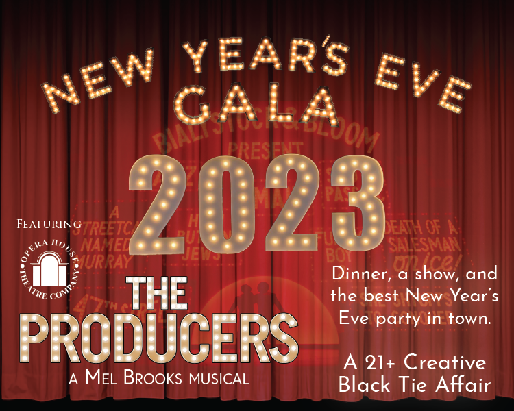 New Year’s Eve Gala 2023 poster with red curtains and marquee-style gold text