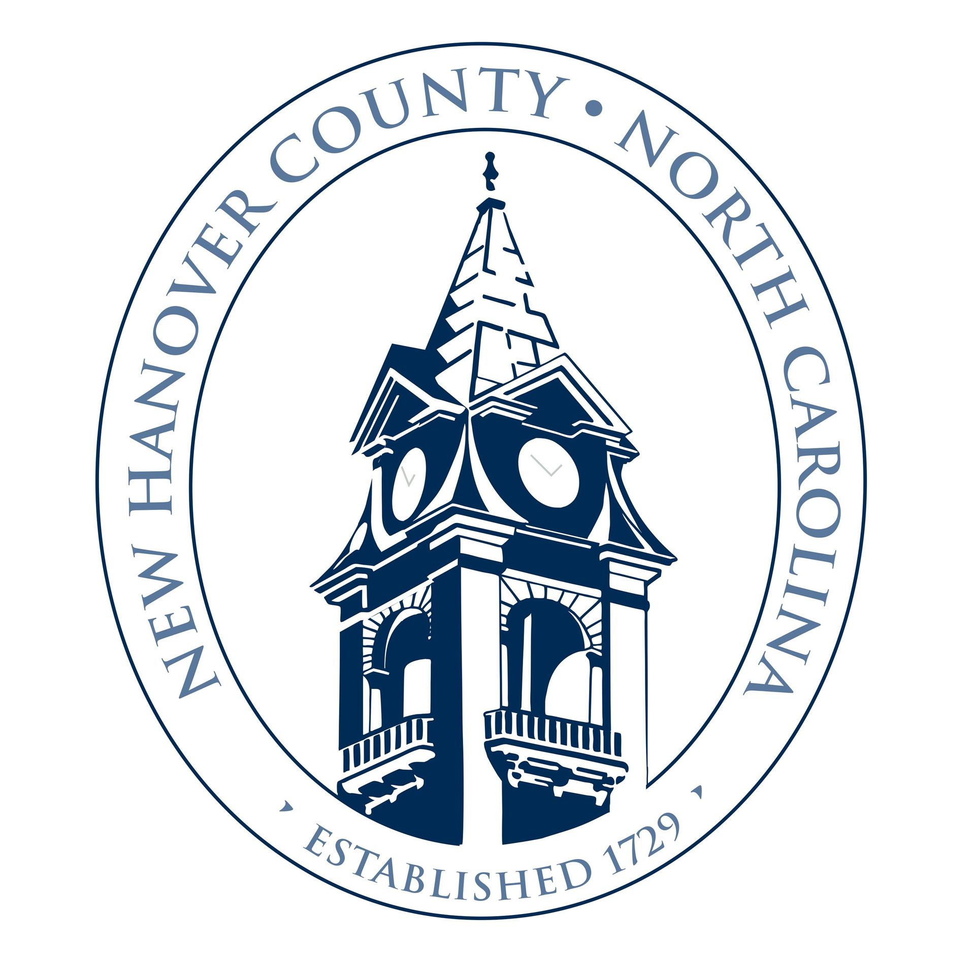New Hanover County, North Carolina seal with a blue courthouse tower and circular text