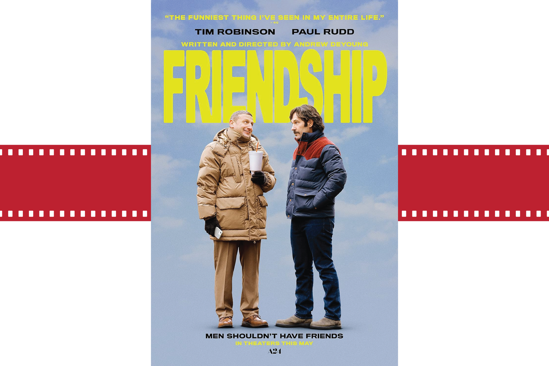Movie poster for Friendship: two people stand face to face in winter coats against a snowy blue background.