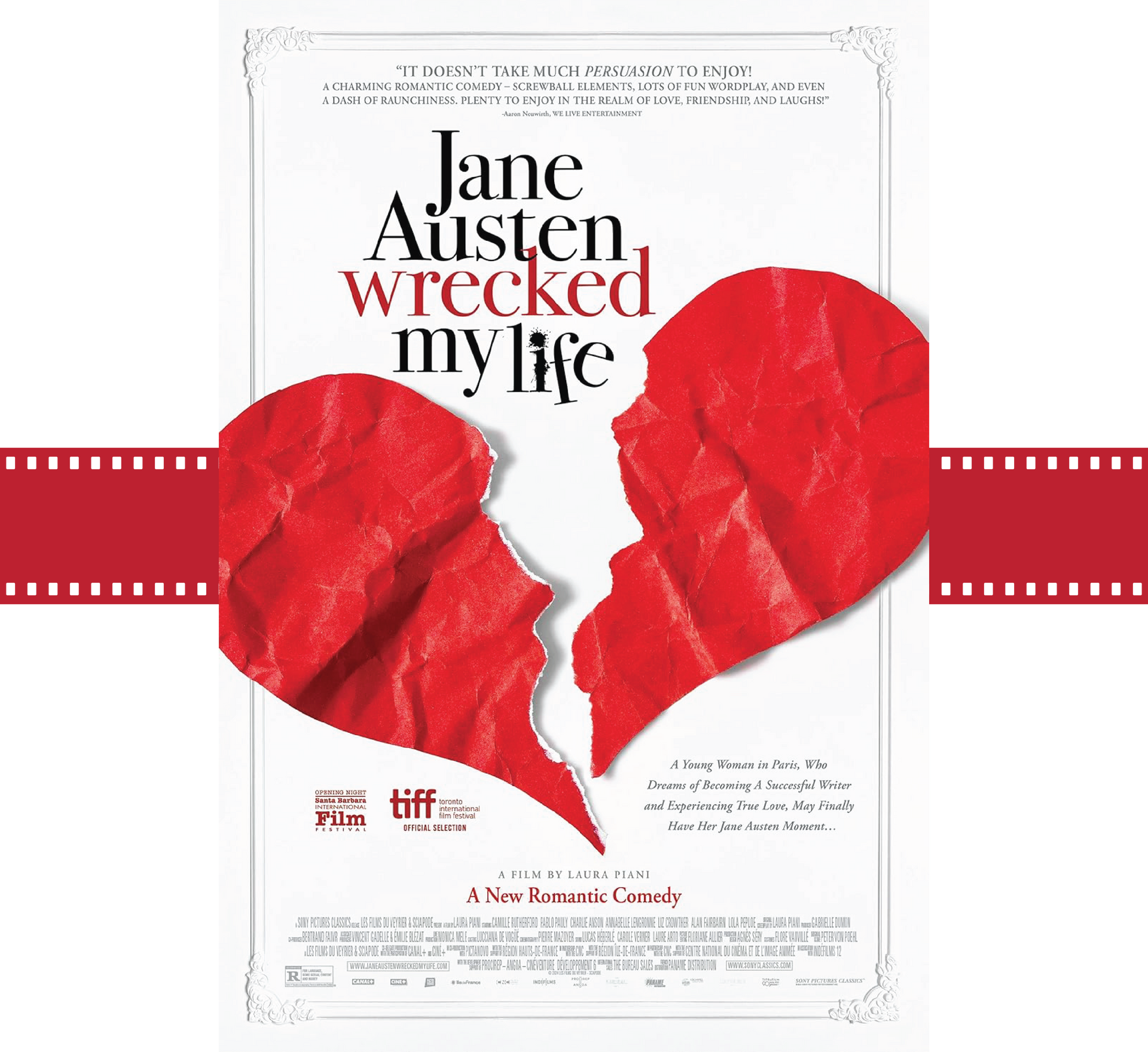 Poster for Jane Austen’s Wicked My Life with a red ribbon and two torn red paper hearts