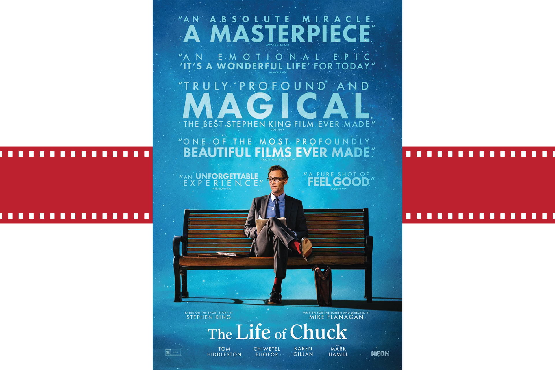Movie poster for The Life of Chuck, showing a man in a suit sitting on a bench against a blue background.