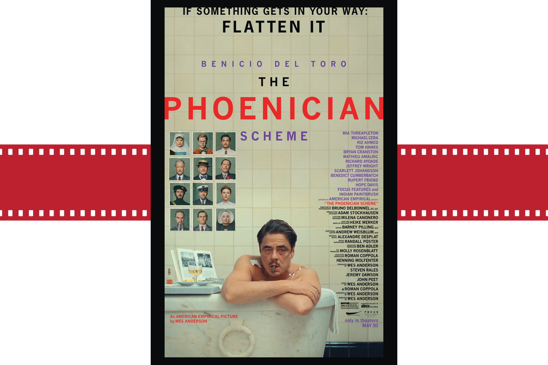 Movie poster for The Phoenician Scheme, showing a man resting his chin on folded arms beneath the title.