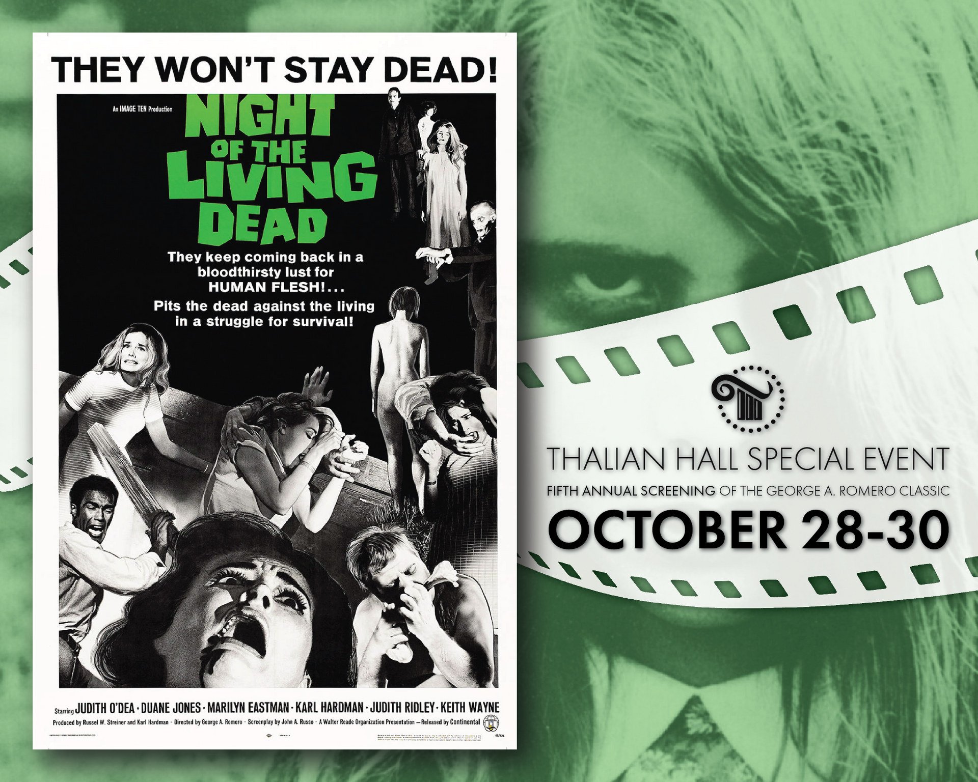 Night of the Living Dead poster beside Thai event flyer with “October 28–30” text on green background