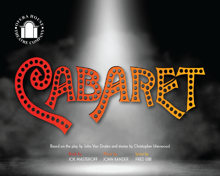 Cabaret poster with red-orange marquee lettering on a smoky black stage backdrop