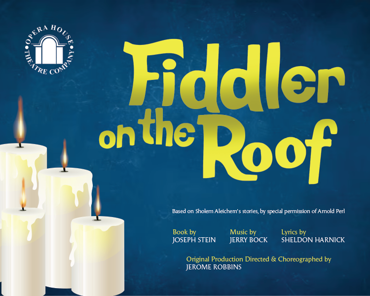 Fiddler on the Roof poster with blue background and lit candles in the left foreground