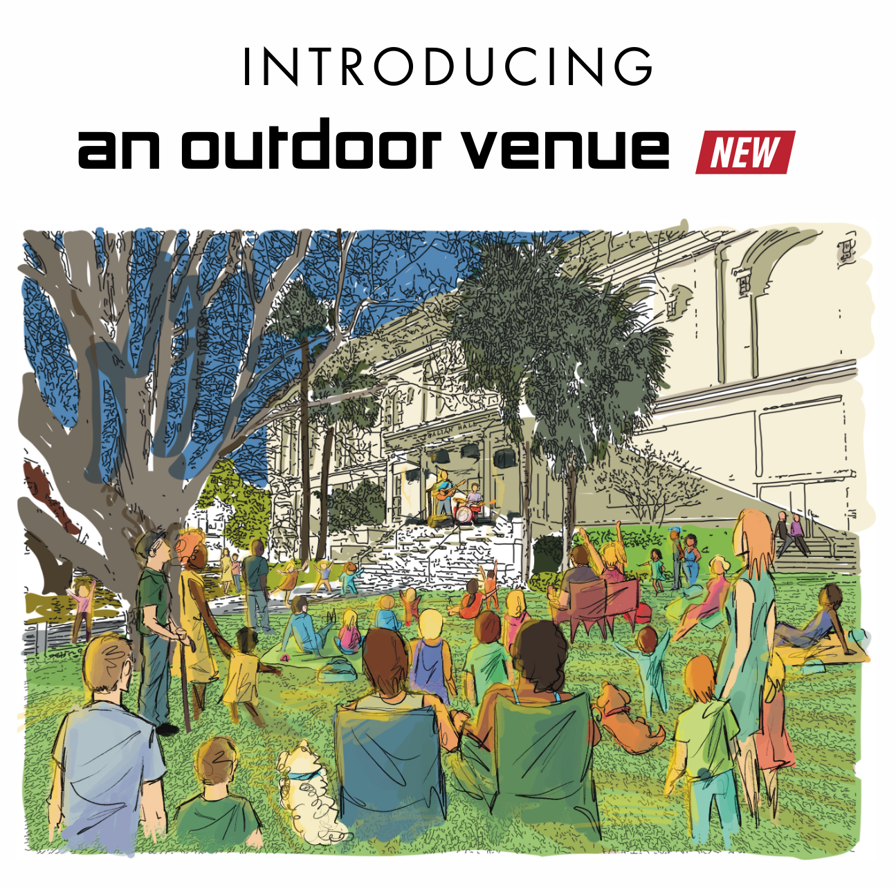 Outdoor concert crowd on a grassy plaza beside trees and buildings, with “an outdoor venue” text.