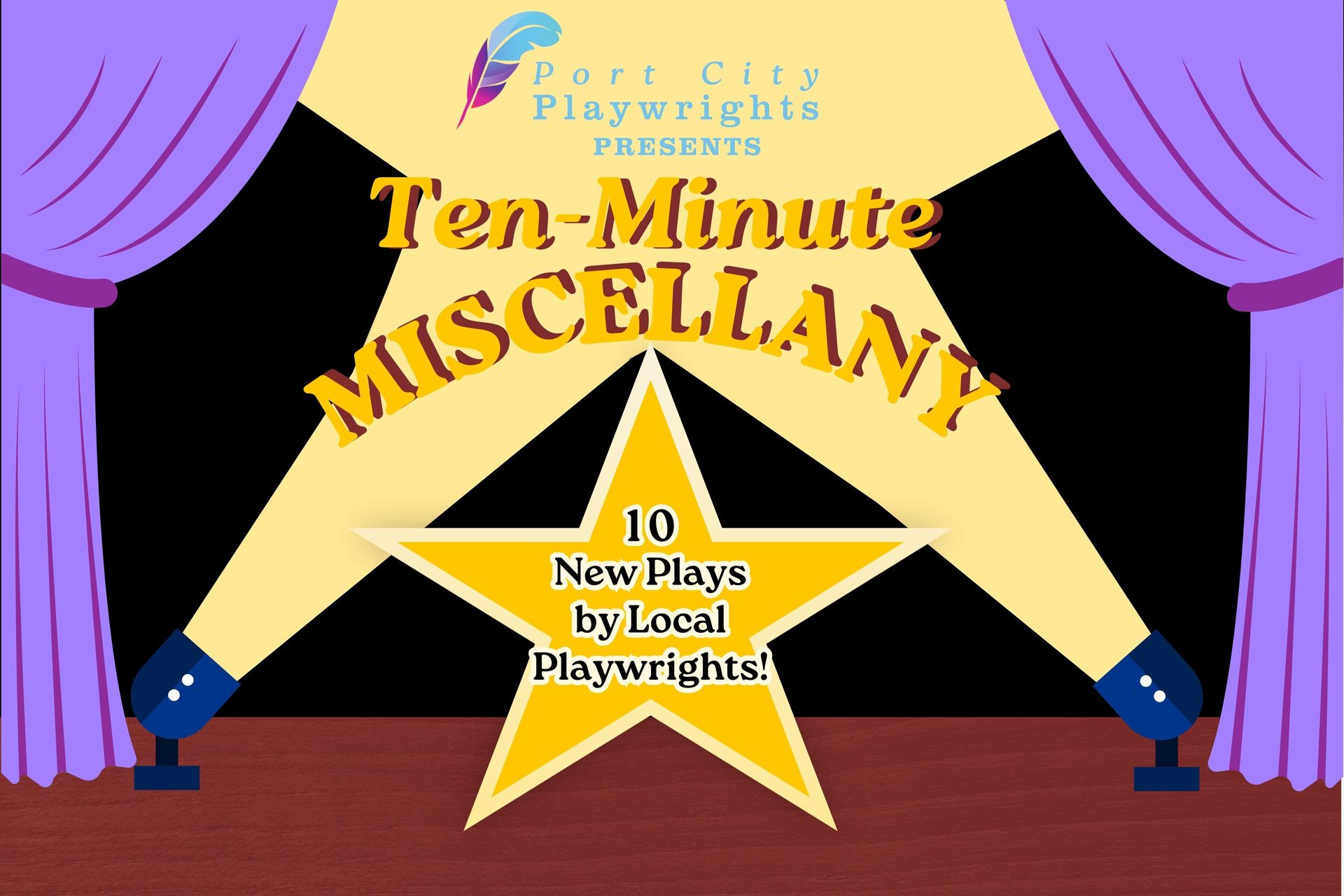 Stage poster for “Ten-Minute Miscellany” with purple curtains and a gold star on black background