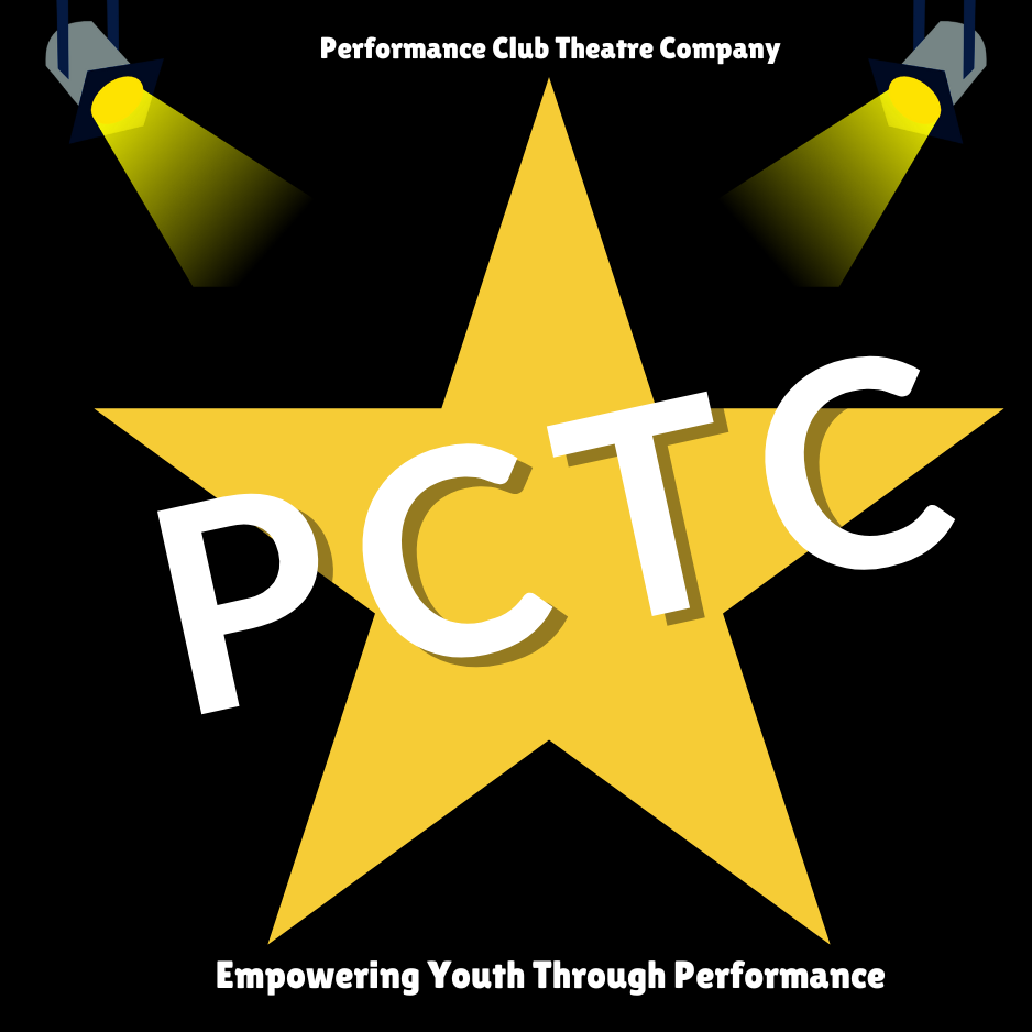 Performance Club Theatre Company logo: yellow star with PCTC letters, spotlights, and tagline “Empowering Youth Through Performance”