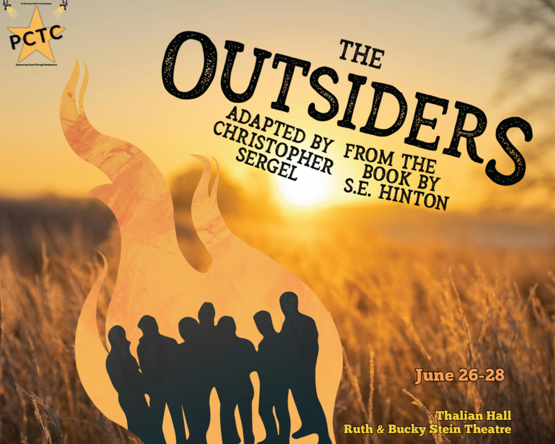 The Outsiders poster with silhouetted youths in a wheat field at sunset, orange sky, June 26-28 details