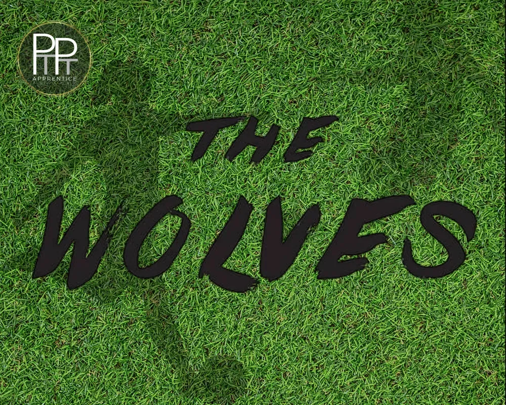 Green textured background with black text reading “THE WOLVES” and a small circular logo in the top left.