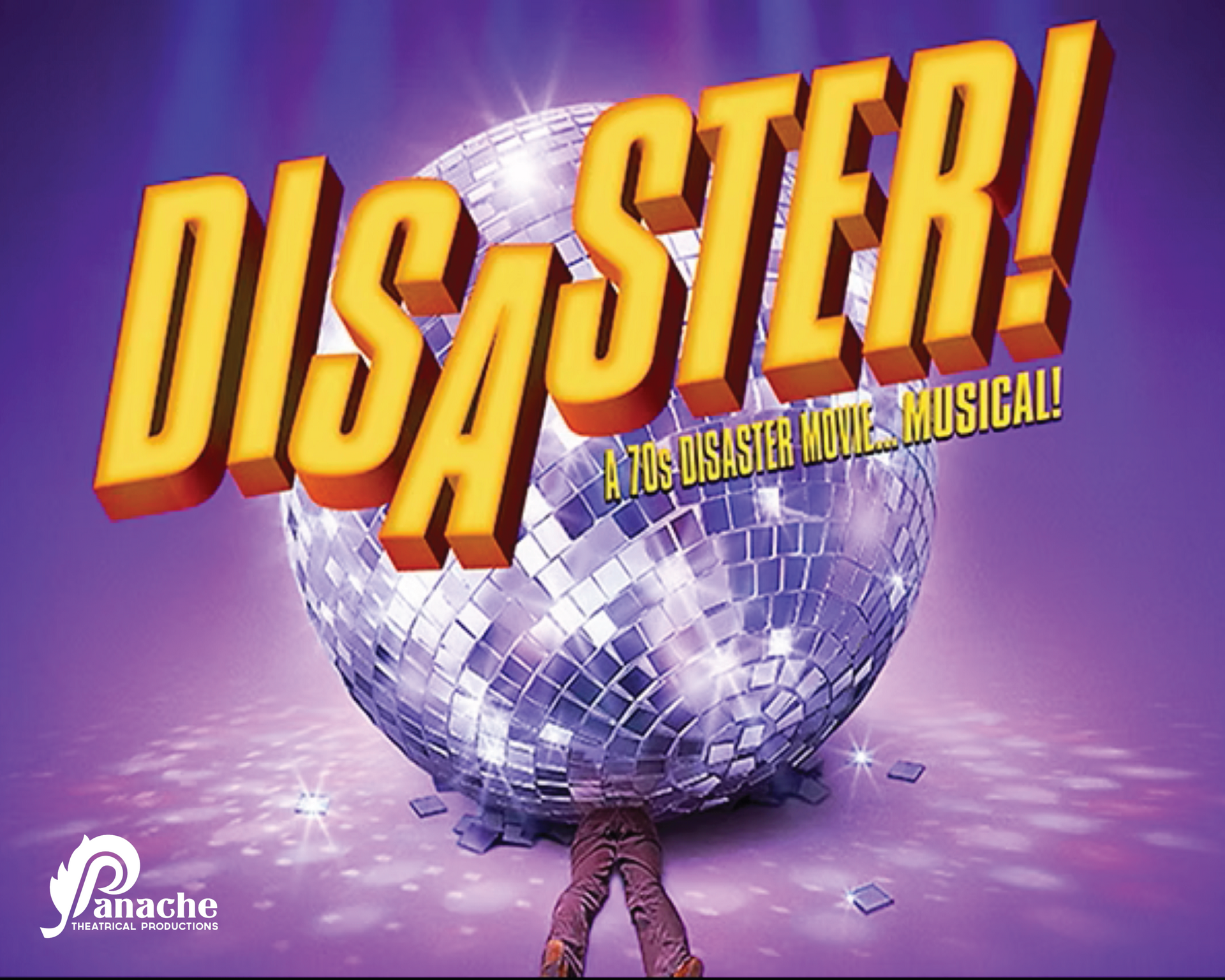 Disaster! musical poster with a gold title over a disco ball on a purple background