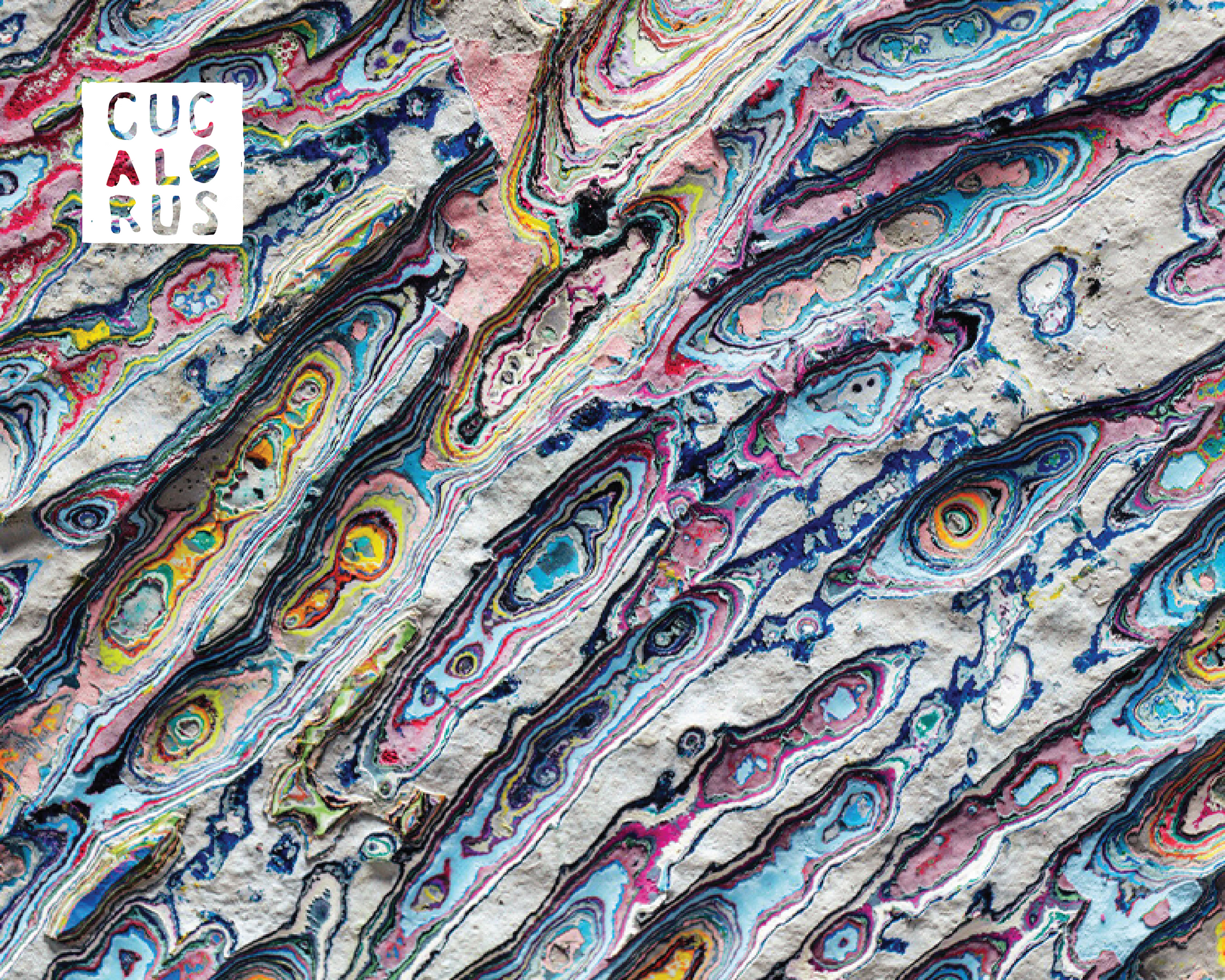 Abstract marbled pattern in pink, blue, black, and yellow with small colorful logo in the top-left corner