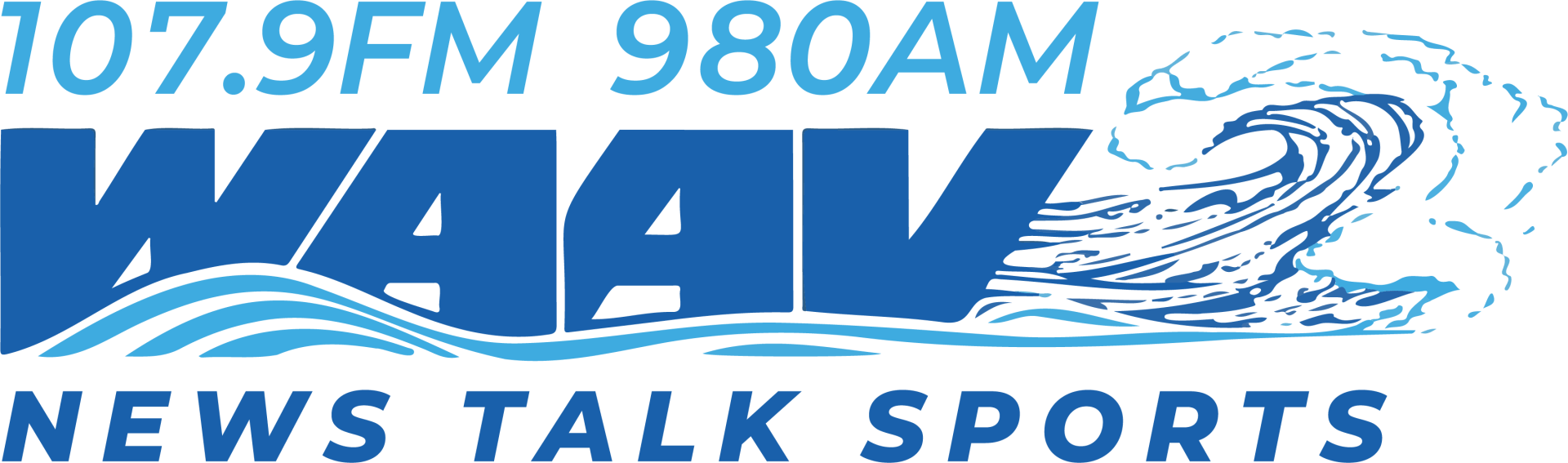 WAVY News Talk Sports logo with blue text and wave graphic, showing 107.9FM and 980AM