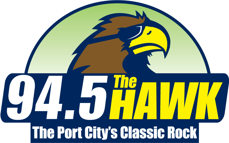 94.5 The Hawk classic rock logo with blue hawk head and yellow text on green background