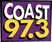 COAST 97.3 logo in white and yellow on a purple background