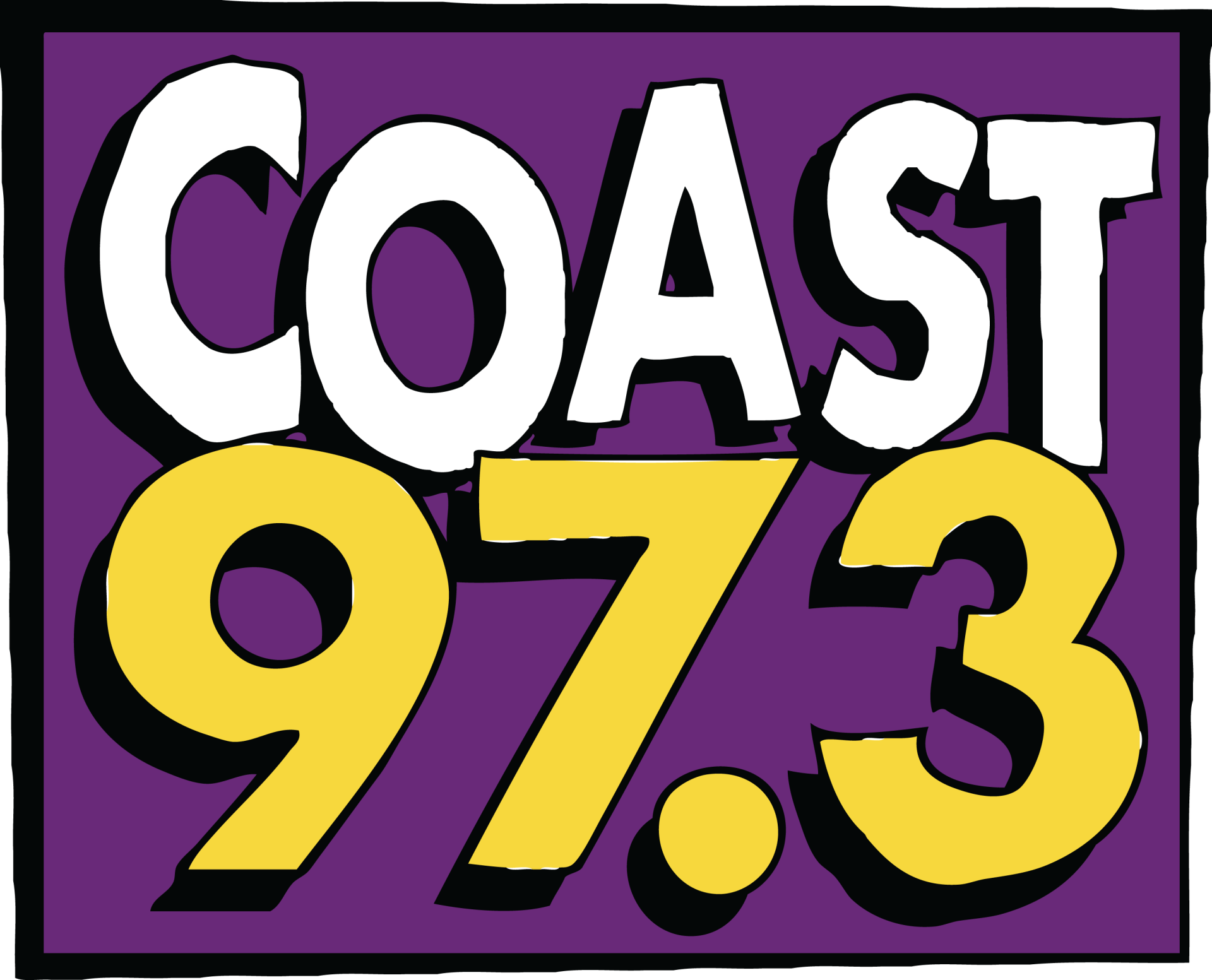 COAST 97.3 logo in white and yellow on a purple background
