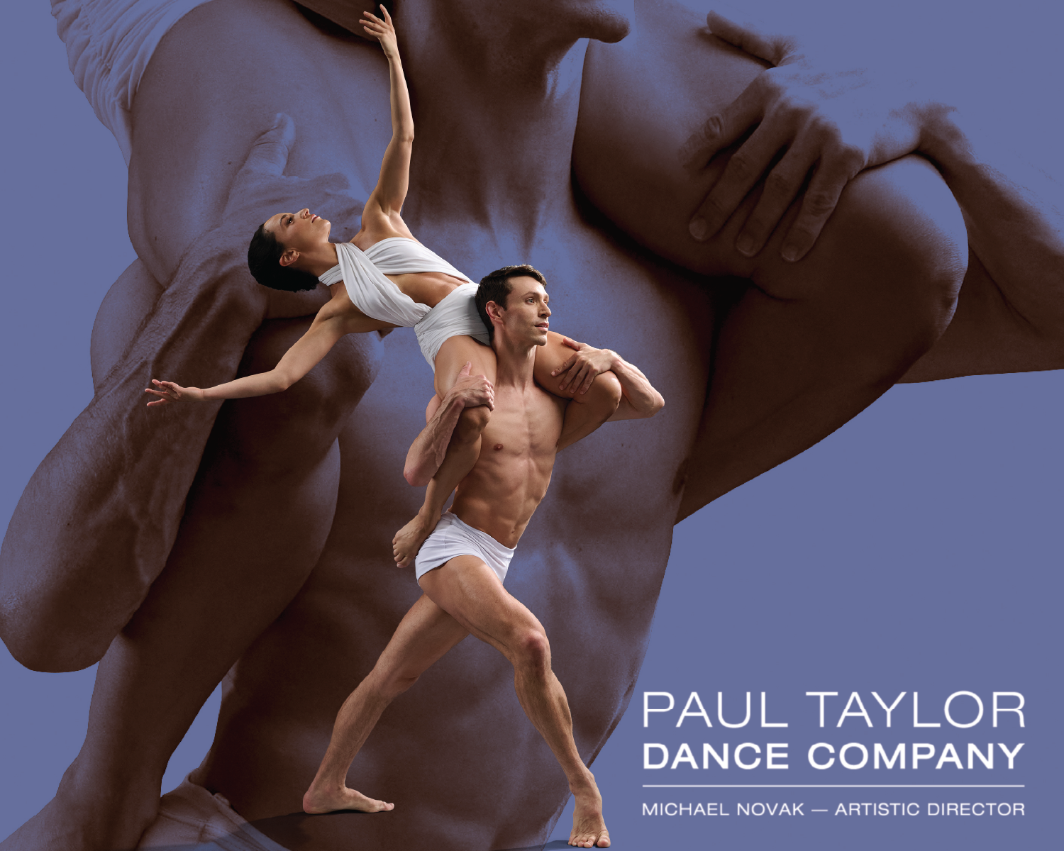 Paul Taylor Dance Company poster with three dancers over a purple background, white title text