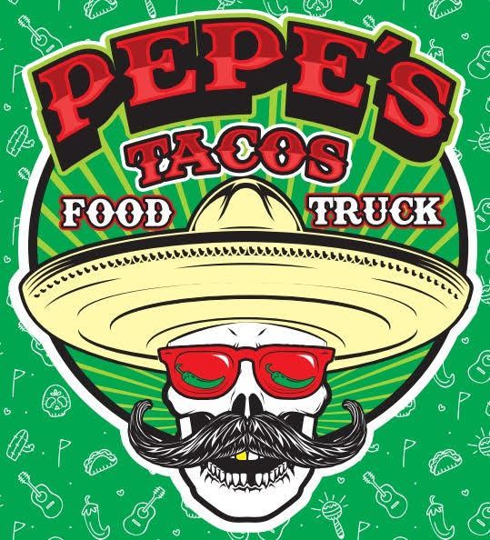 Pepe’s Tacos food truck logo with a sombrero, red sunglasses, black mustache, and green background