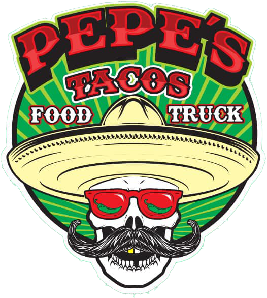 Pepe’s Tacos food truck logo with a sombrero, red sunglasses, and mustache on a colorful circular badge