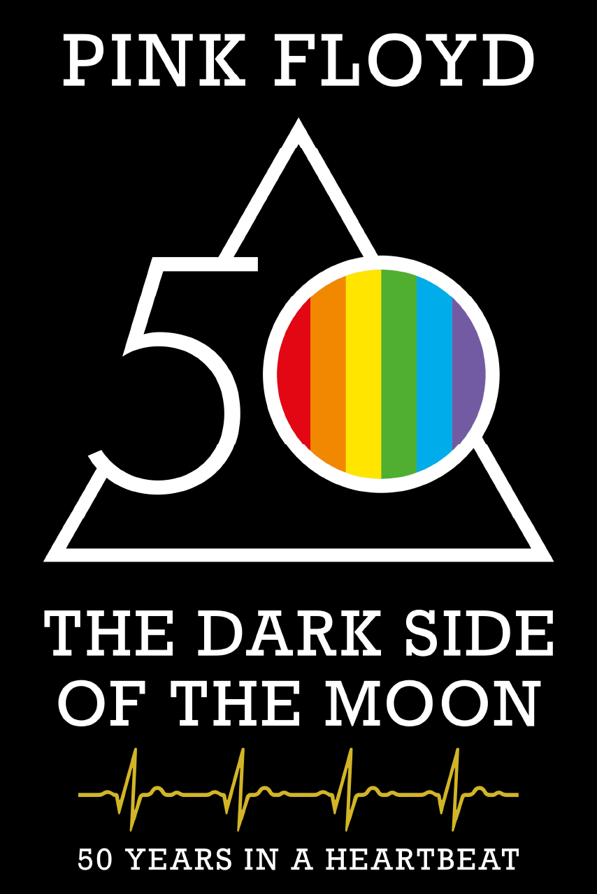 Pink Floyd 50th anniversary Dark Side of the Moon cover with rainbow prism and heartbeat line