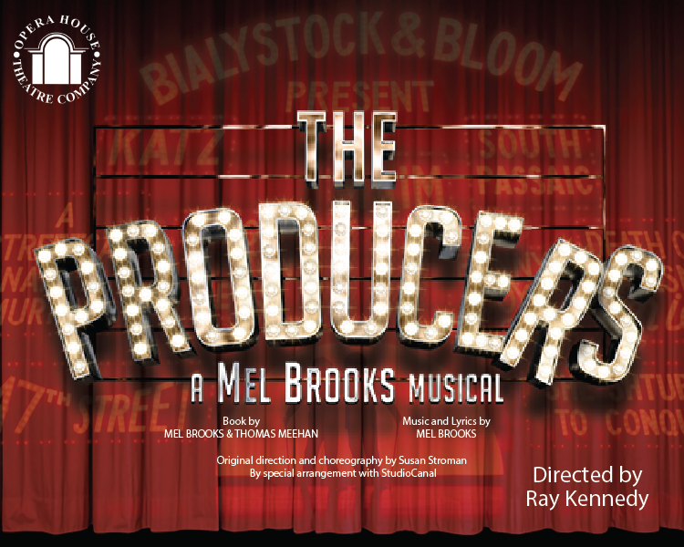 The Producers poster with red curtains and marquee-style title lights