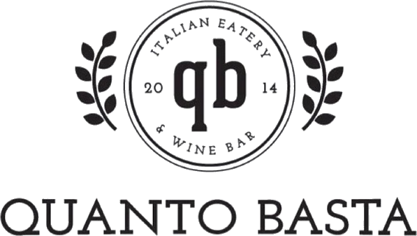 Logo for Quanto Basta Italian eatery and wine bar, with laurel wreath and “qb” monogram in black and white.