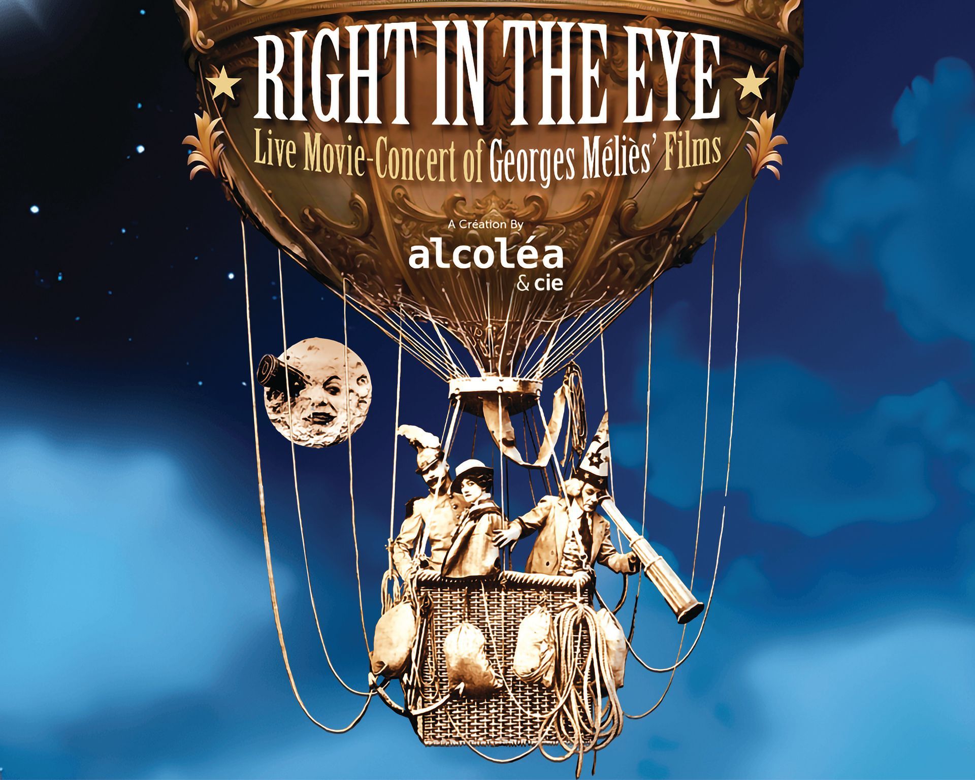 Poster for “Right in the Eye,” with a moonlit hot-air balloon and ornate gondola against a blue sky.