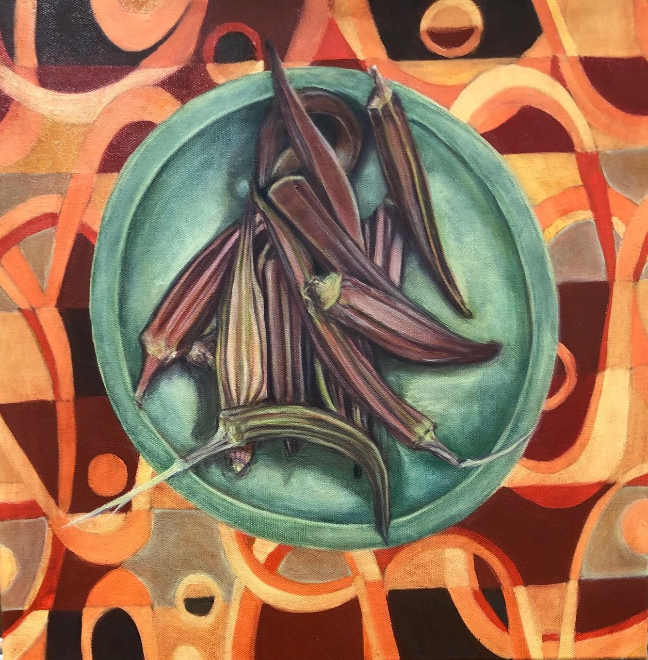 Artful painting of purple chili peppers in a teal bowl on an orange patterned background