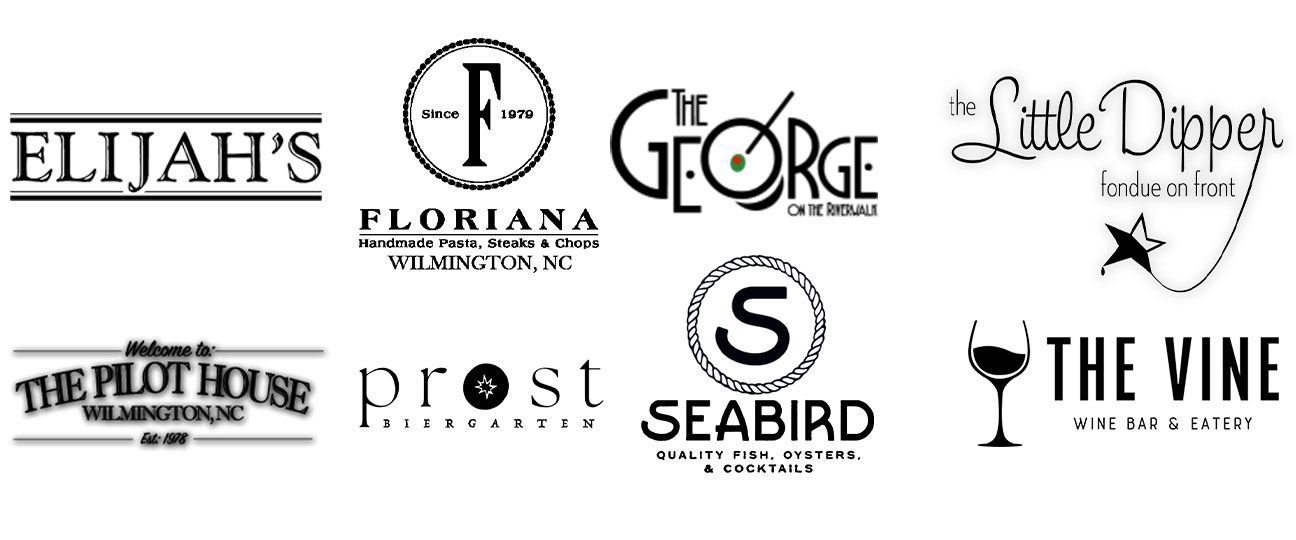 Collage of restaurant and bar logos in black and white on a light background